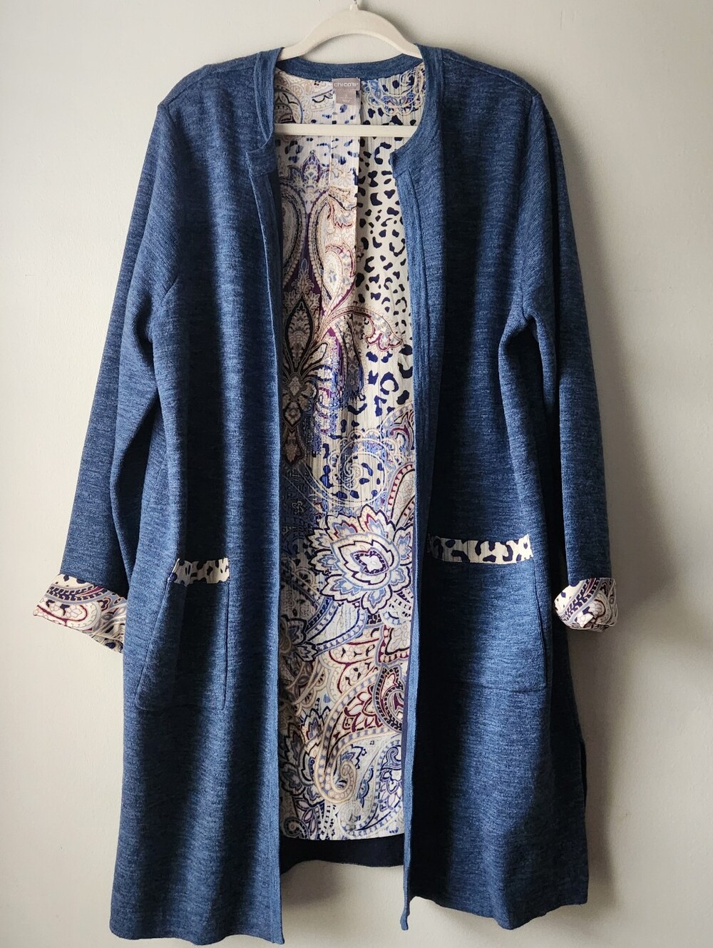 Chico's Long Line Cardigan Duster Blue Size: (3)=XL